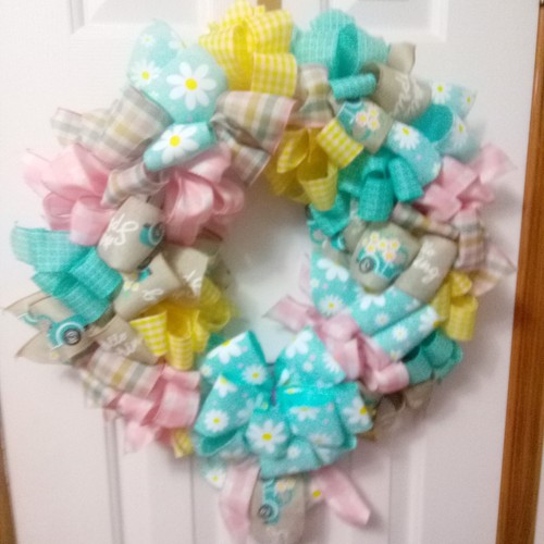 18" Easter Truck Ribbon Wreath Handmade Free Over The Door Hanger W4 - 第 1/4 張圖片