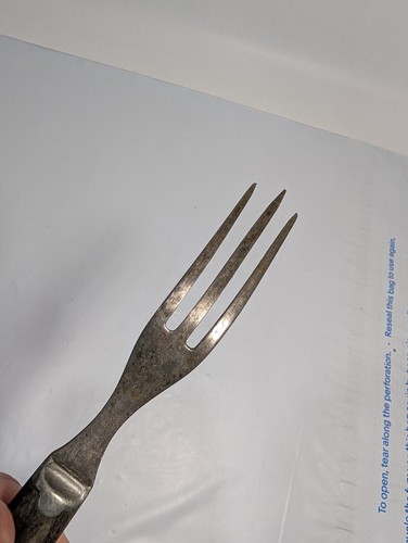 Antique Fork - Wood Handle with inlay 3 Prong Rivet Utensil Fork 7.5" long - Picture 9 of 16