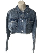 Womens Denim Blue Wash Girls Crop Jacket Collar Jeans Shirt Long Sleeve Jackets
