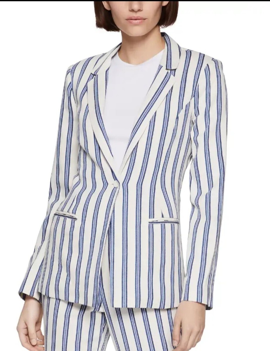 BCBGENERATION Cotton Blend White/Blue Striped 1-Button Blazer M - Main Image