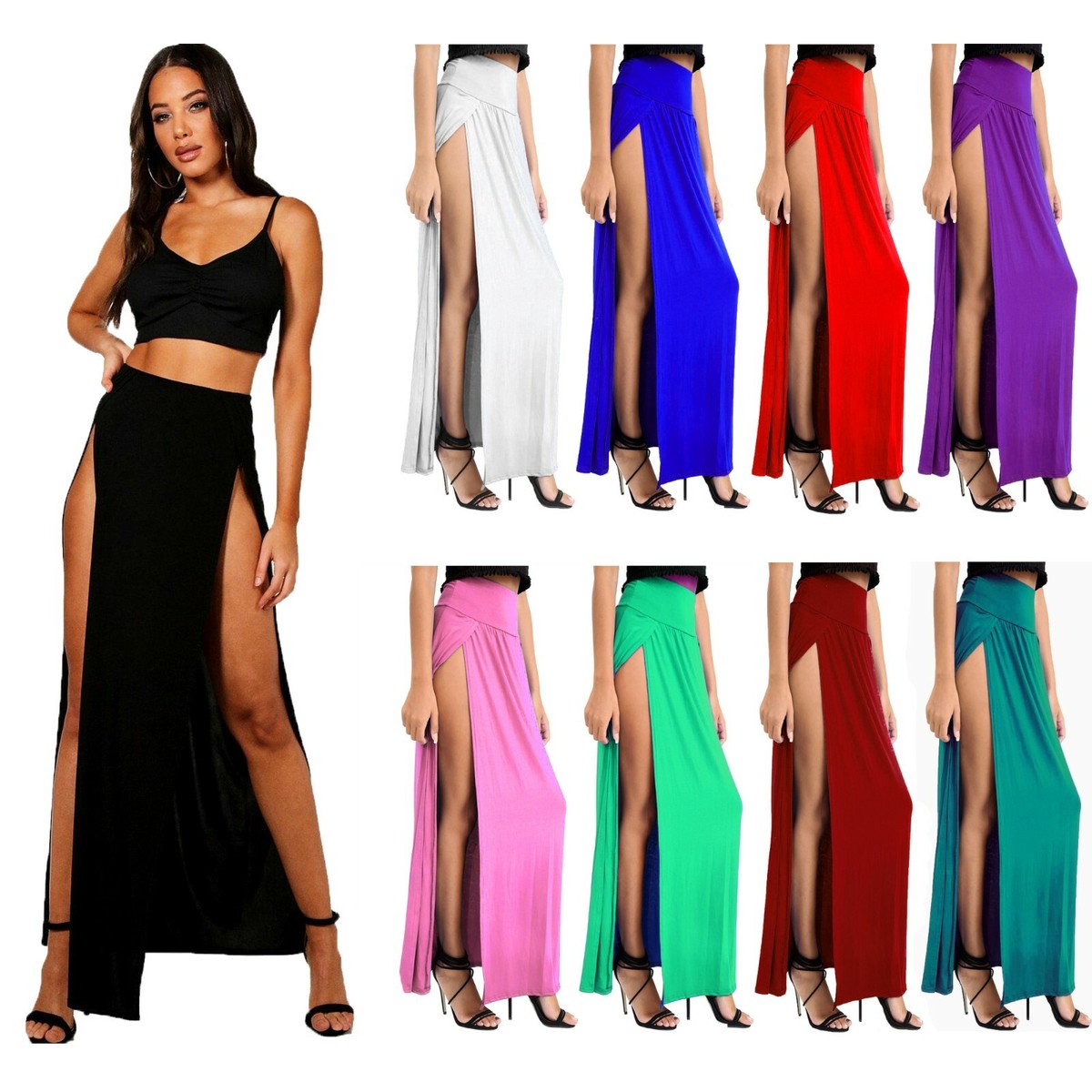 OgLuxe Women's Double Split Maxi Skirt - High Waist Side Slit, Stretchy Jersey Long Skirt, Red