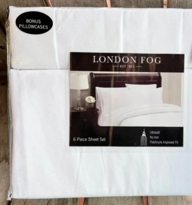 6-pc London Fog KING SIZE Sheet Set - BRIGHT WHITE (2 extra pillowcases)