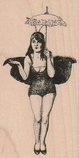 Winged Girl Under Umbrella 2 x 3 3/4" Rubber Stamp, Woman Stamp, People Stamp
