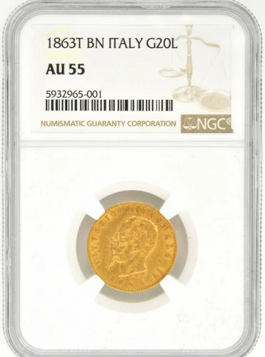 1863 T BN Italy Gold 20 Lire NGC AU 55  KM# 10.1 GOLD COIN BULLION