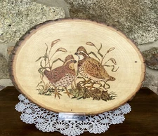 Wildlife Quail Art Wall Hanging, Quail Wood Burned Tree Bark Slab - 12" L