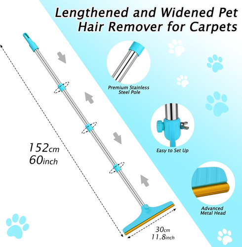 Carpet Rake for Pet Hair Removal - Reusable Pet Hair Remover, 60” Adjustable Lon - Picture 7 of 12