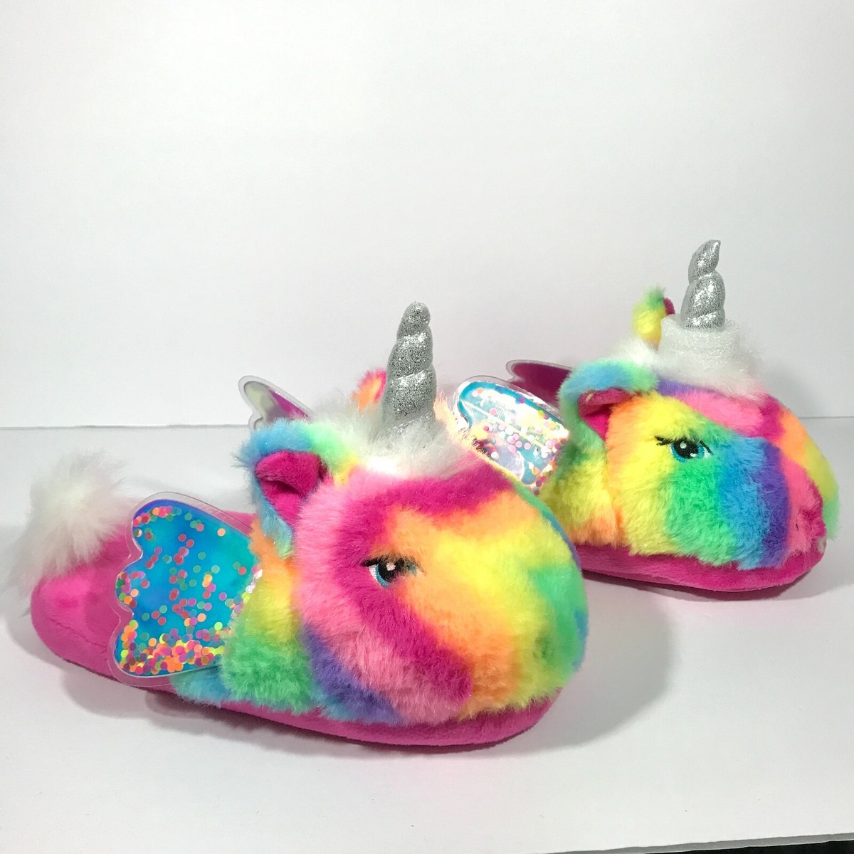 Youth Girls UNICORN ULTRA PLUSH HOUSE SLIPPERS rainbow multicolor sparkle  funny