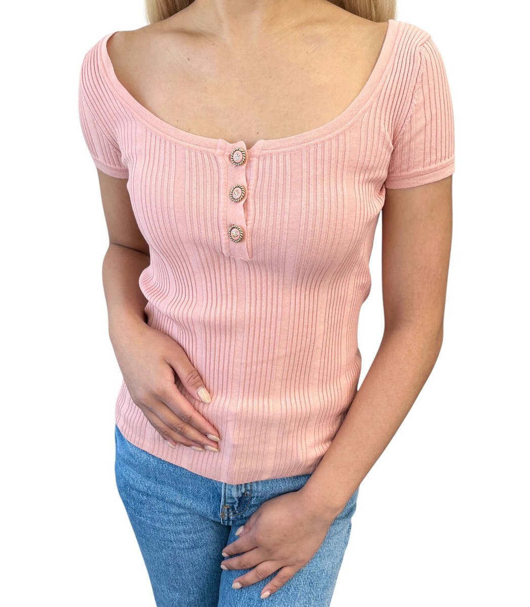 CHANEL Vintage 07P CC Mark Logo Rib Knit Top #S Pink Gold Cotton