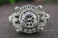Art deco Engagement Ring 3 Ct Round Cut Moissanite Real 925 Sterling Silver