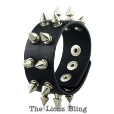 Emo Gothic Punk Black Leather Wide Band Bracelet with 2 Rows of Silver Spikes