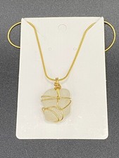 Gold Tone Wire Wrapped White Sea Glass Pendant Necklace