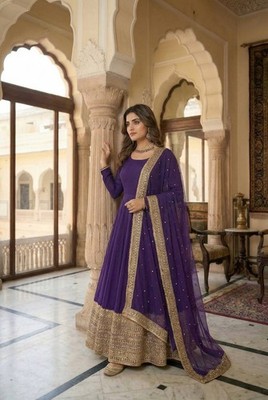 Purple Roman Silk Gown Bottom With Dupatta For Functional Wear