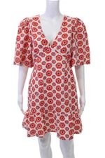 Rhode Womens Linen Floral V-Neck Zip Back Puff Sleeve Shift Dress Orange Size 8