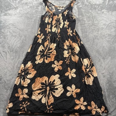 Aloha Hut Hawaii Dress Womens One Size Black Brown Floral Rayon Smocked Front