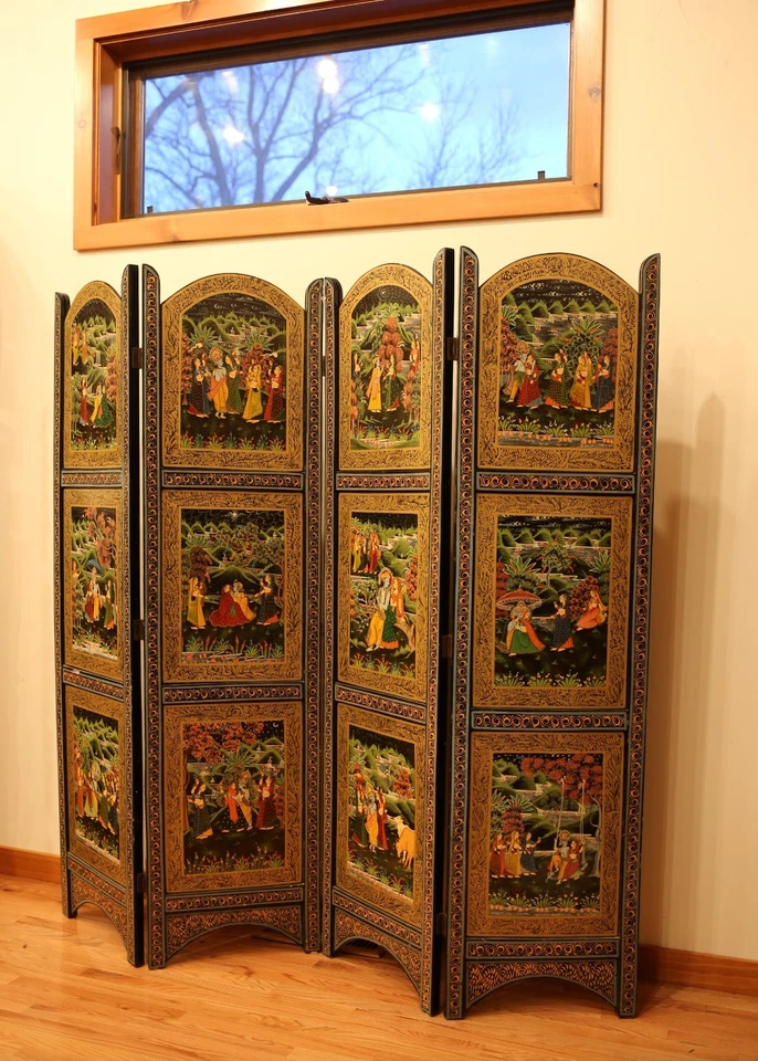 Pantalla plegable vintage de madera india de 4 paneles divisor de habitación Señor Krishna y gopias Foto 2 de 4