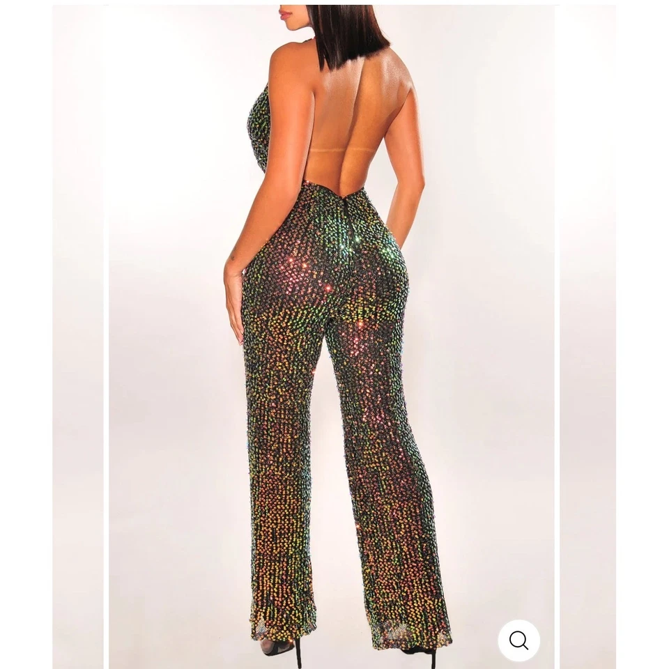 Mono para mujer con cuello halter de lentejuelas brillantes negro iridiscente noche formal Foto 2 de 4