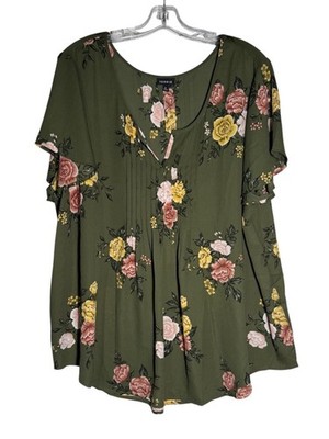 Torrid Floral Blouse V Neck Green Flutter Sleeves Size 3X Boho Peasant
