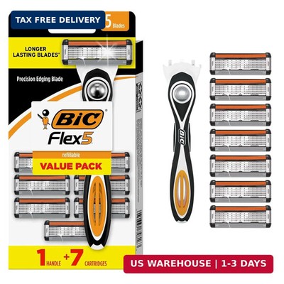 BIC Flex 5 Men's Refillable 5-Blade Razors with 1 Handle and 7 Cartridges, Smoot