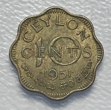 1951 Ceylon (Sri Lanka) 10 Cents Nickel-Brass Coin - Nice Condition