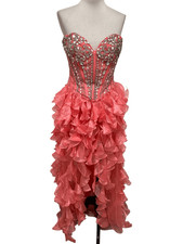 Sherri Hill Rhinestones Beaded Ruffled Formal Cocktail Gown Coral Size 8 NWT