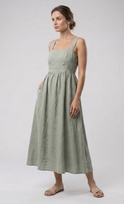 Francesca Bettini Maxi Dress L Gray Green 100% Linen Smocked Tie Back Pre-owned