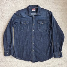 Wrangler Pearl Snap Denim Shirt Blue Dark Wash Western Mens Large Long Sleeve