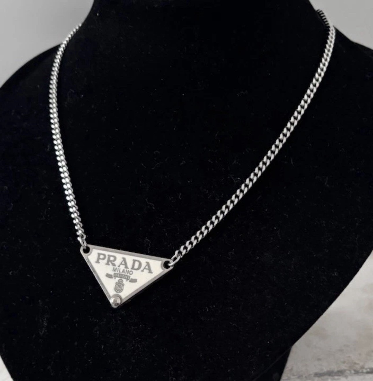 Vintage Prada Silver & White Enamel Tag Necklace