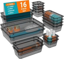 Clear Plastic Drawer Organizer Set 16 PCS - 4 Sizes Desk Storage Containers