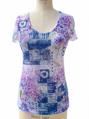 Lilacs WOMEN BURN OUT SUBLIMATION SHORT SLEEVES ''V'' NECK  TOP  S M L XL 2X