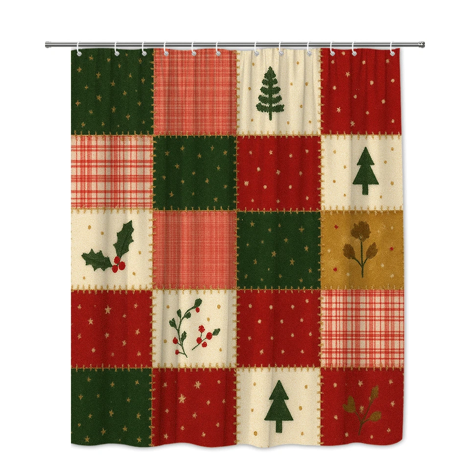 Cortina de Ducha de Navidad con Diseño de Retazos Rojo Verde Foto 2 de 4