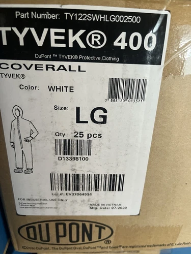 QTY 25 Tyvek 400 DELUXE Coverall Suit Dupont White LG TY122SWH2X002500 WOWW - product listing photo