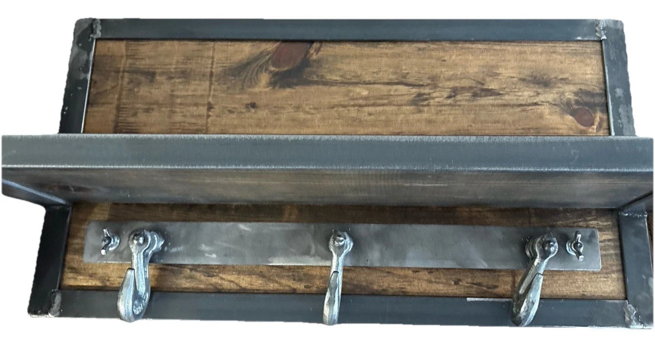 Wall Shelf Industrial Strength Custom Flush Blank Back Wood & Steel w/ Hooks