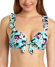 NWT California Waves Multicolor Juniors' Floral Ruffle Underwire Bikini Top D/DD