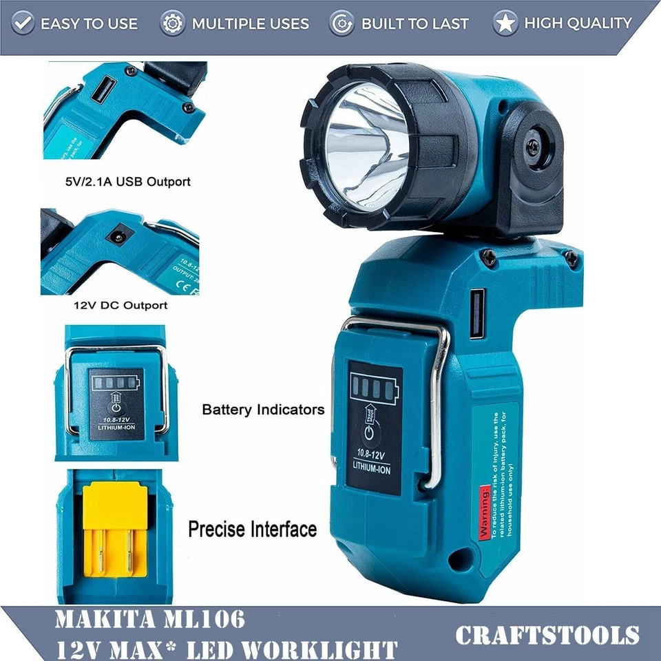 JHJQZCYG LED Work Light Cordless Adjustable Beam LED Flashlight For Makita 12V Batteries