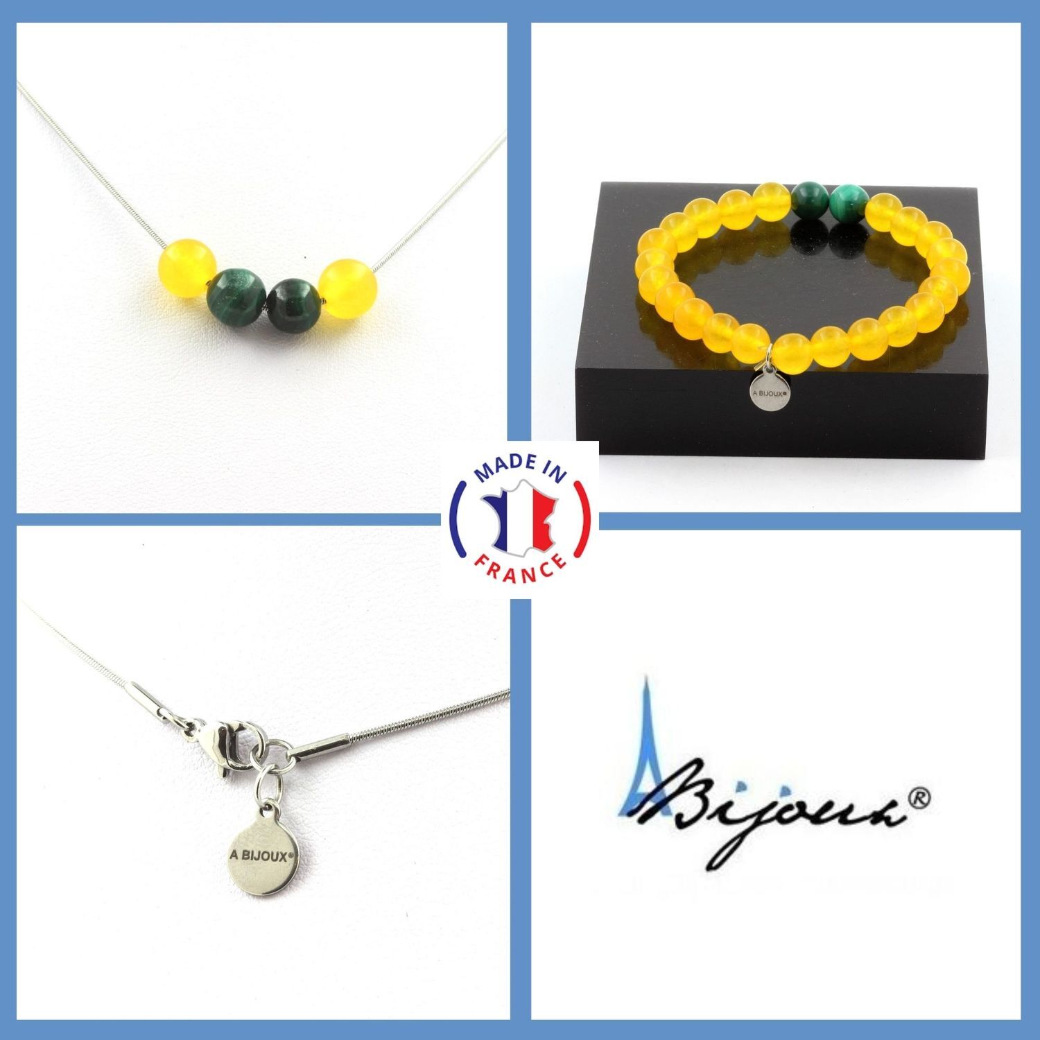 Parure bracelet collier agate jaune malachite bien-être 8mm