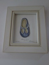 KOLENE SPICHER Art BLUE BABY SHOE n598 SIGNED Framed Glass NURSERY Childs Room