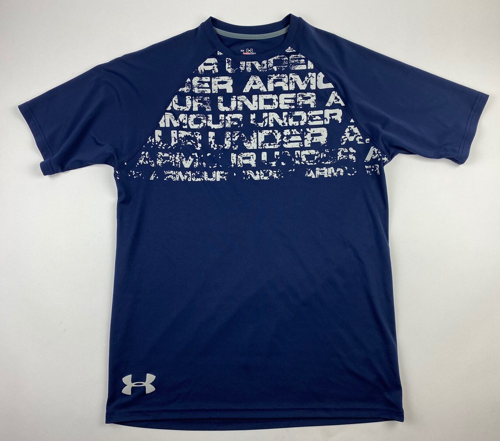Under Armour Logo Men's T-Shirt Heat Gear Blue/Navy Distressed Graphic Size M