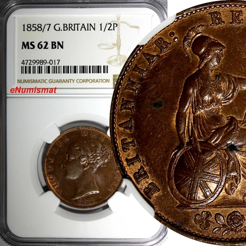 Great Britain Victoria Copper 1858/7 1/2 Penny OVERDATE NGC MS62 BN KM# 726 (7)