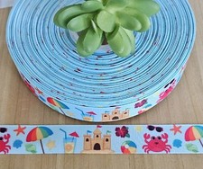 7/8" 1 YD Beach Grosgrain Ribbon Sand Castle Crab Umbrella Starfish Tropical