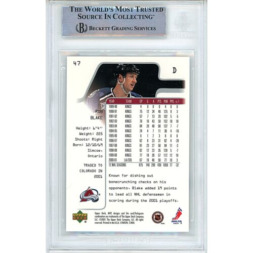 2001-02 Upper Deck MVP #47 Rob Blake AUTO Signed Card Beckett Slabbed Avalanche - Picture 2 of 5