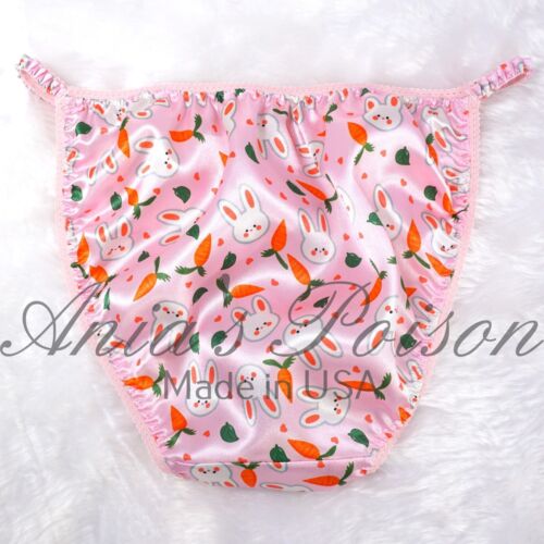 Satin Panties for Women - Pink Easter Bunny shiny Duchess Cut string bikini 6-8 - Picture 2 of 5