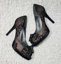 Stuart Weitzman Women s 7 M Black Lace Satin Peep Toe Bow Pumps Dress Heels