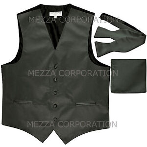 New Men's dark gray paisley Tuxedo vest Waistcoat self tie bow tie & hankie set 