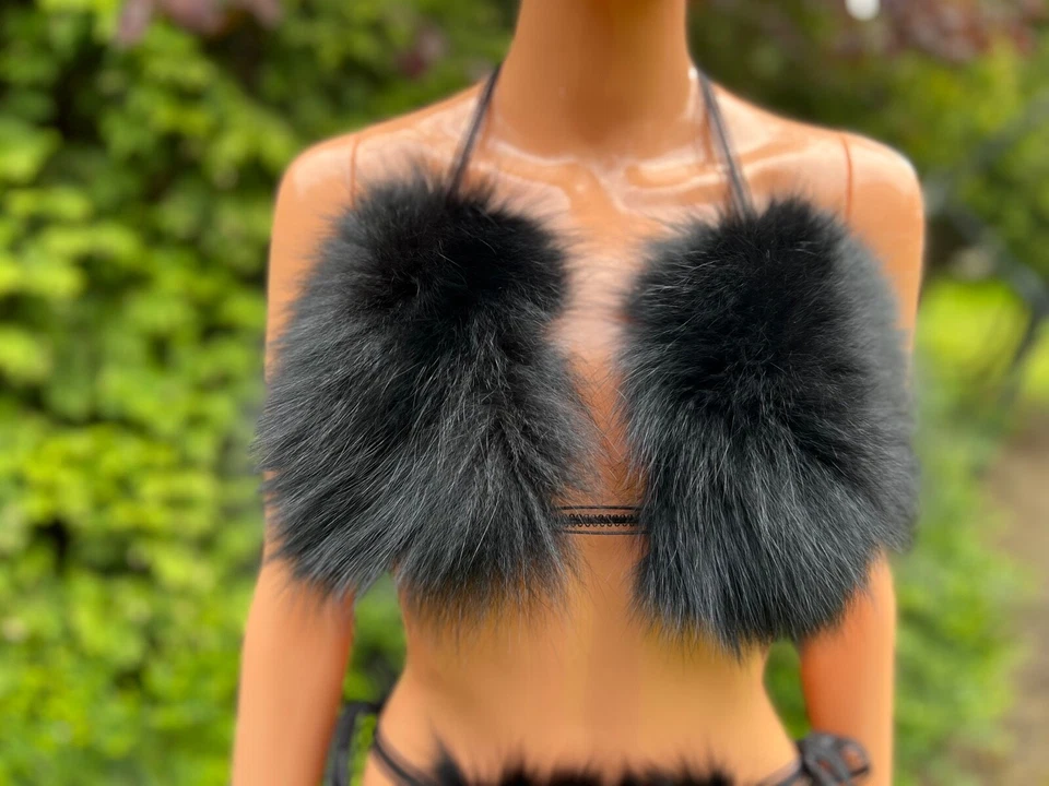 Черный Arctic Fox меха бикини комплект - реальный мех, атласная подкладка, ручной работы белье - Изображение 2 из 4