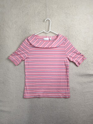 Rafaella Women Top Medium Pink Stripe Cotton Blend Short Sleeve Casual Fit Shirt