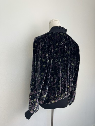 Rebecca Taylor Size L Floral Ruffle Hem Navy Velvet Full Zip Bomber Jacket - Picture 3 of 6