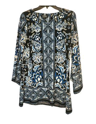 Roz & Ali Tunic Long Sleeve Top with Bell Sleeves Black Blue White Size S