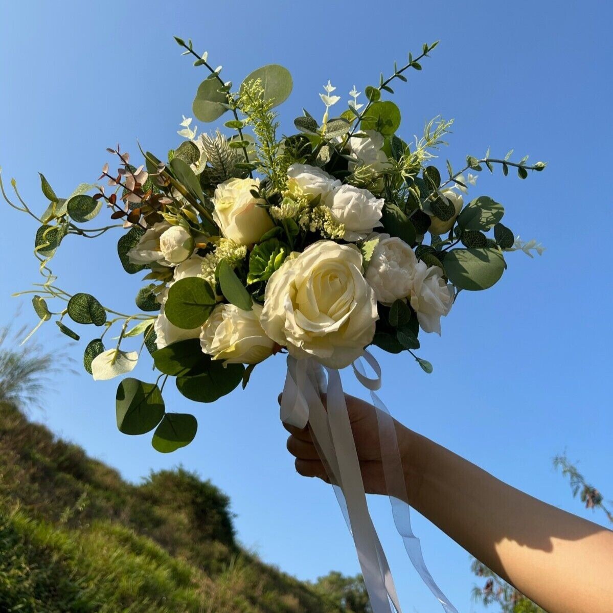 White Green Bride Bouquet Silk Artificial Wedding Flower Spring Summer