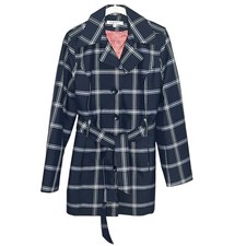 Travelsmith Blue White Plaid Belted Jacket Trench Size Small