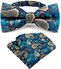 Mens Pre-Tied adjustable Bow Tie Paisley Aqua Gold Silk Bowtie Hanky Party
